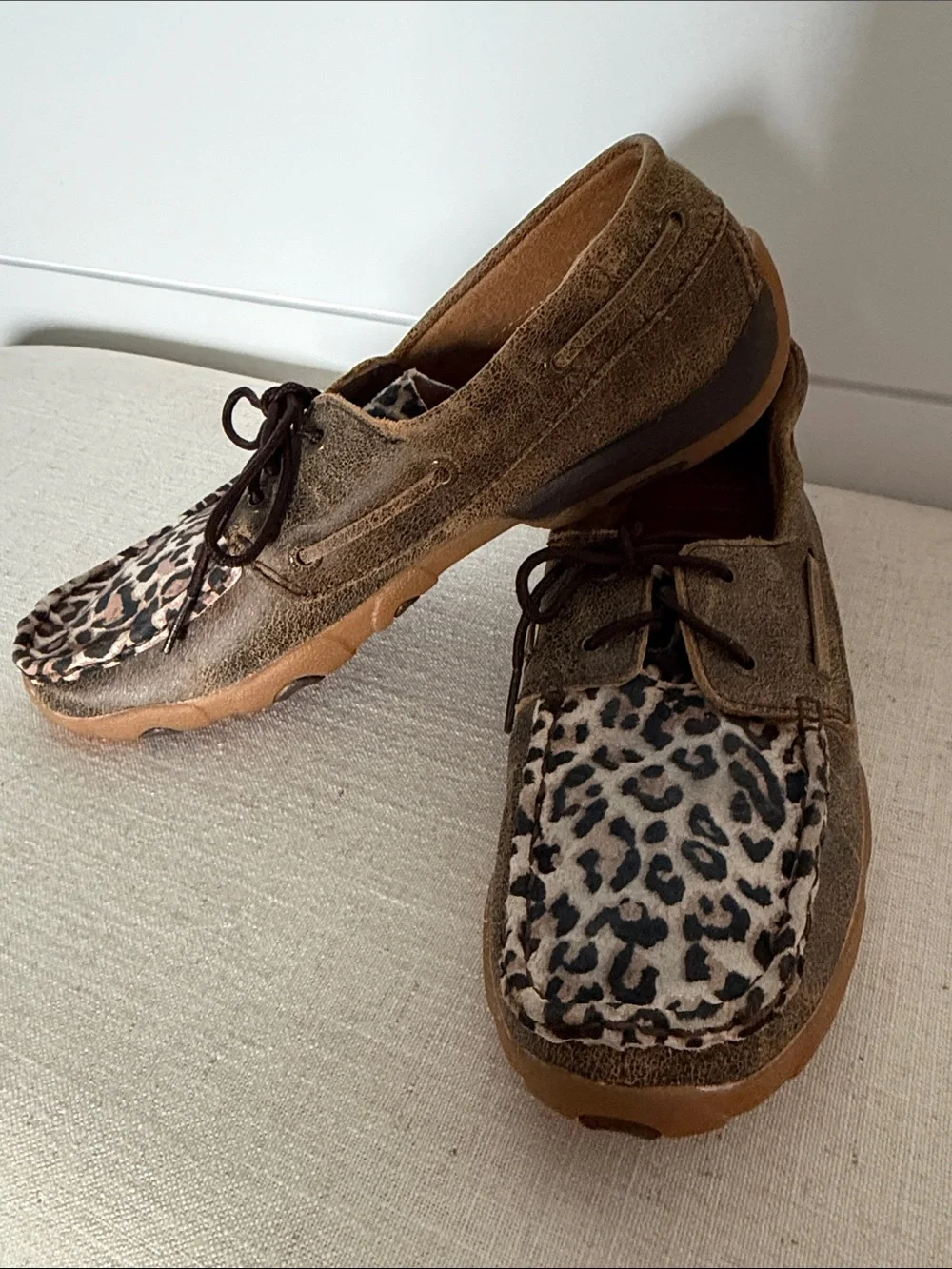 Twisted X Brown Leather Boat Shoes with Leopard Print Accents